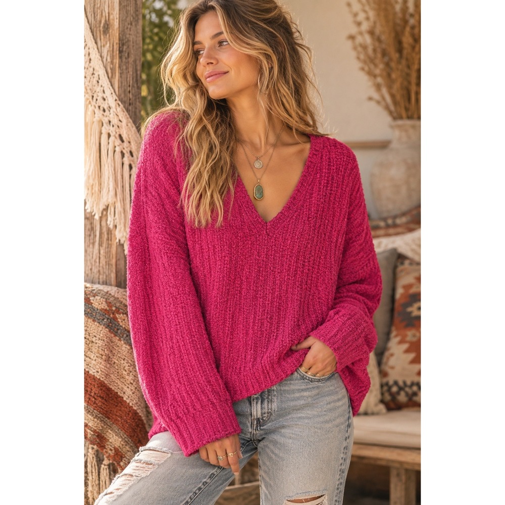 Express Womens Magenta Pink Chenille V-Neck Oversized Knit Sweater S